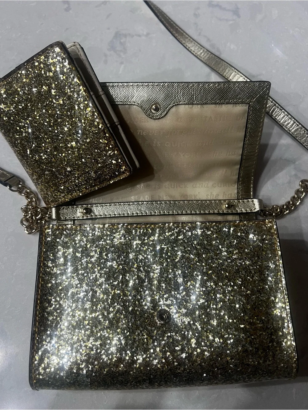 Kate spade  Gold Glitter Crossbody Bag with matching  Wallet